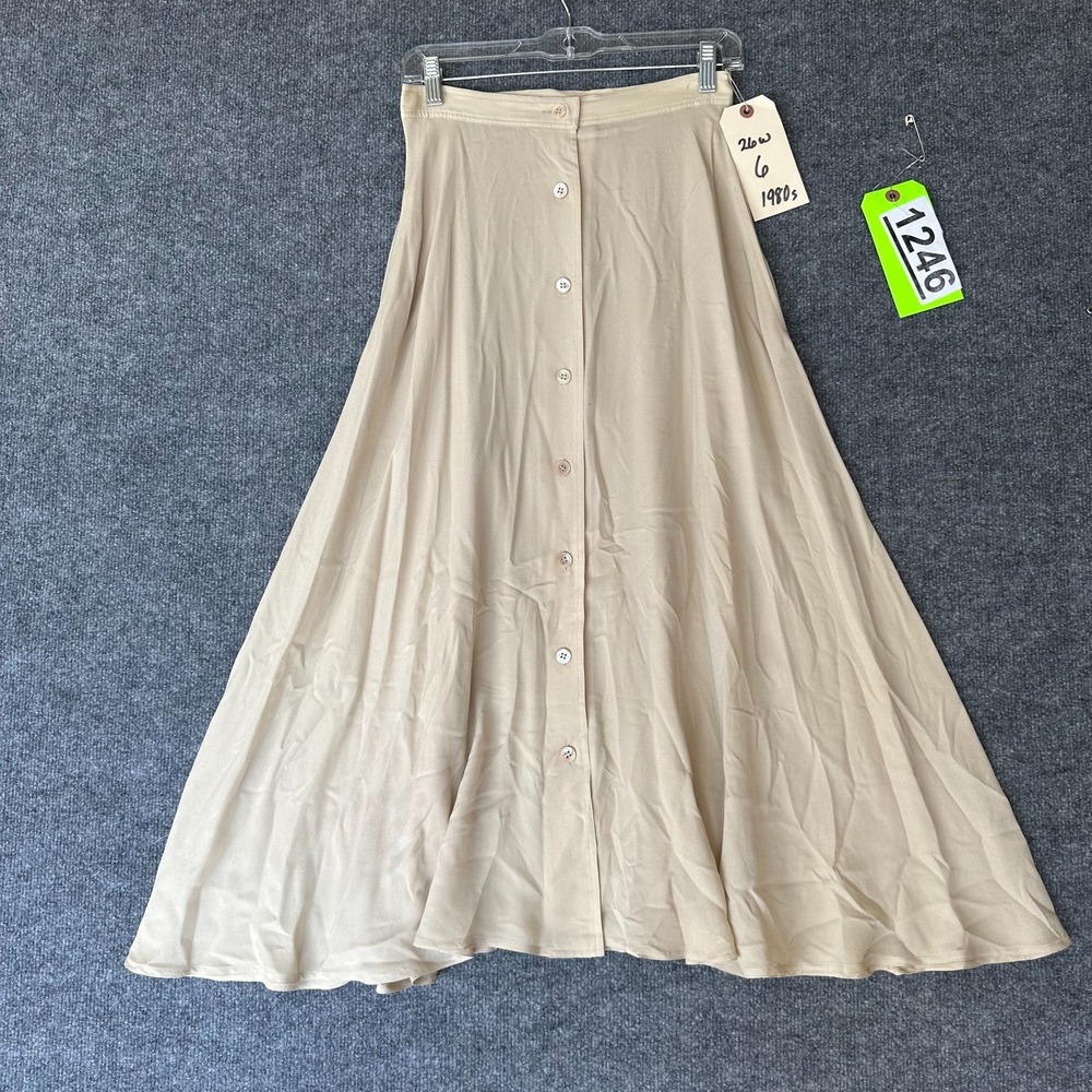Vtg 90s Anne Klein Midi Flare Skirt Womens 6 Beige Button Front Party Cocktail